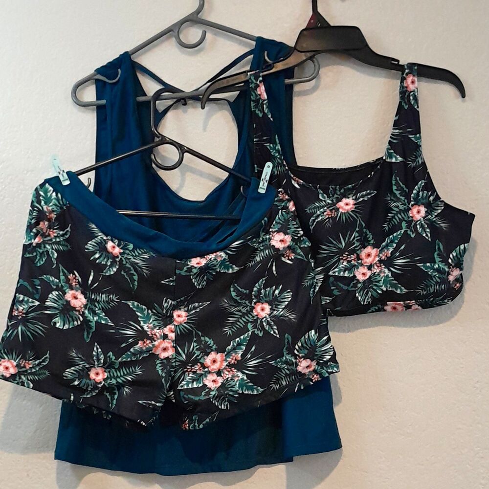 Women’s Floral Bralette Bikini Set 3-Piece Racerback Padded Boyshorts L